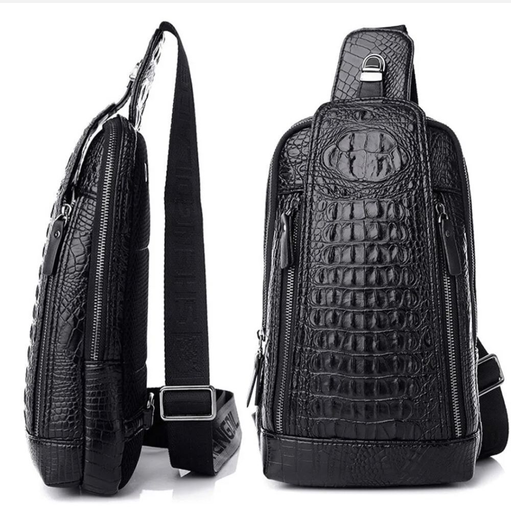 Men's PU Leather Crocodile Pattern Chest Bag Sling Backpack Crossbody Travel Bag
